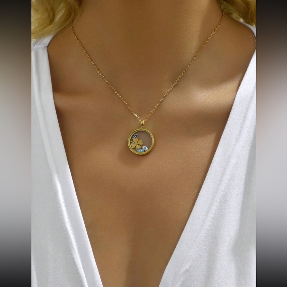 Record Design Pendant Necklace With Rotating Parts Gold color